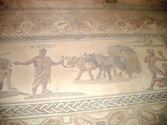 Ikarios and the first wine drinkers - floor mosaic in Paphos