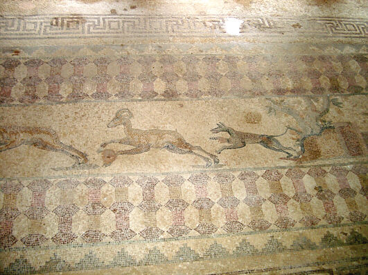 Floor mosaic in Paphos. Hunting scene with Muflon sheep
