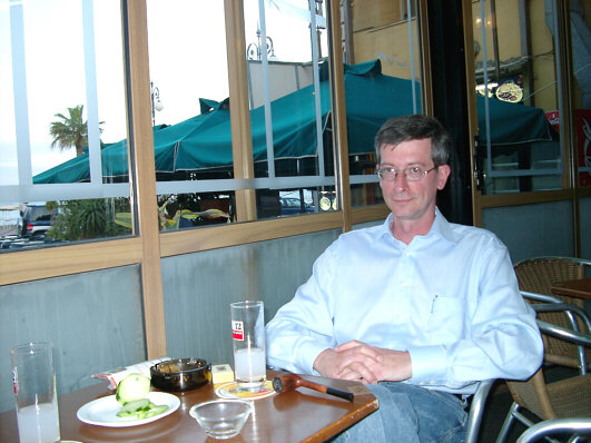 Eric with an ouzo at The Meeting Pub in Larnaca
