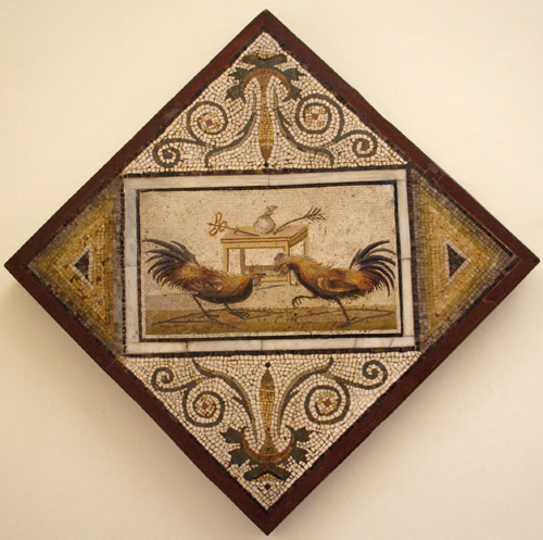 Romersk mosaik med haner p&aring; nationalmuseet i Napoli