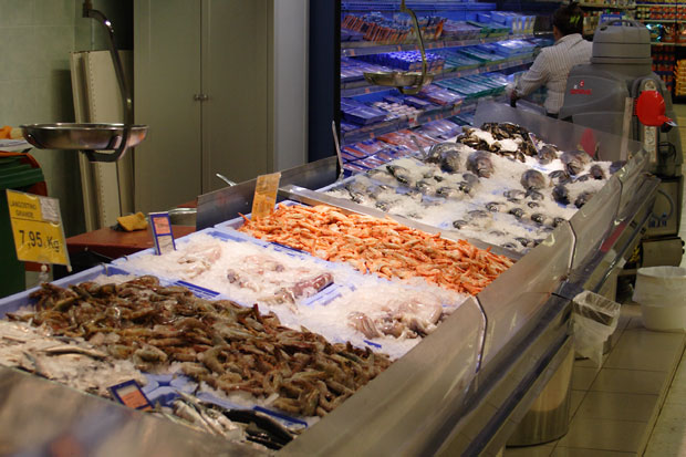 Fisk og rejer p&aring; is i supermarked